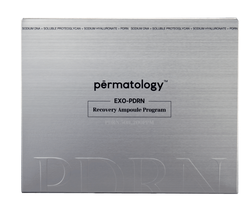 Closed silver box with centered label reading "dermatology" and smaller text beneath (product packaging, top view).