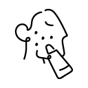 A simple line drawing of a person’s head in profile, tilting slightly forward, holding a rectangular phone to their ear.