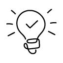Light bulb with a checkmark inside, emitting small rays (idea approved)