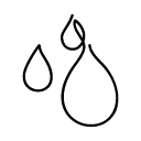 Three water droplets (one large teardrop and two smaller droplets) arranged vertically, black line icon on white background.