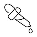 Line drawing of a dropper pipette tilted with a small droplet at the tip.